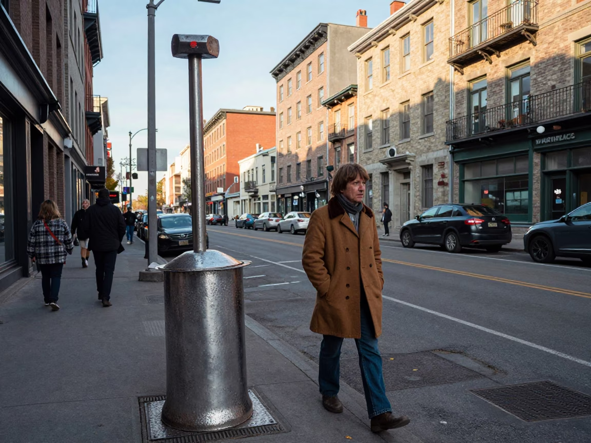 Late Afternoon Street Scene in Montreal Quebec with Hammered Metal and Urban Life in in Montreal, Quebec, Canada