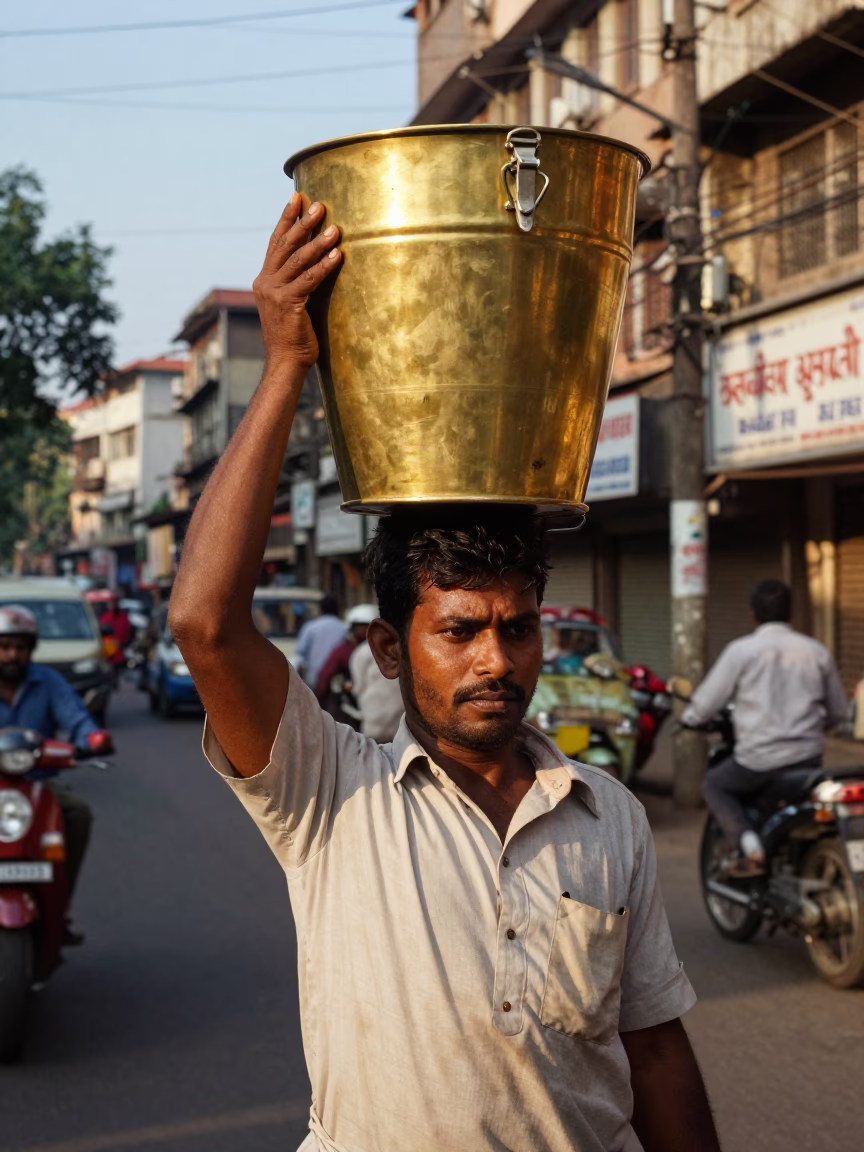 Late Afternoon Street Scene in Mumbai India with Brass Bucket and Nickel Latch Details in in Mumbai, India