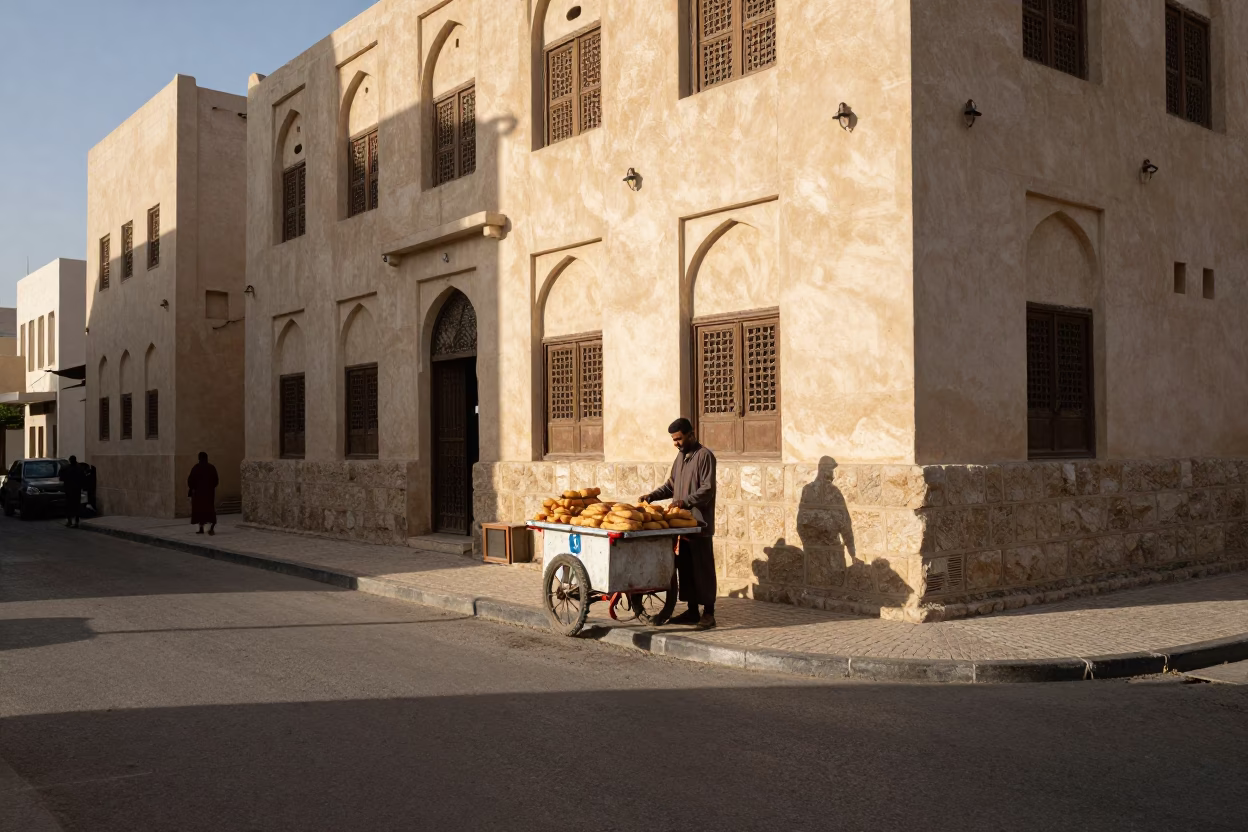 Late Afternoon Street Scene in Muscat Oman with Bread Loaves and Traditional Architecture in in Muscat, Oman