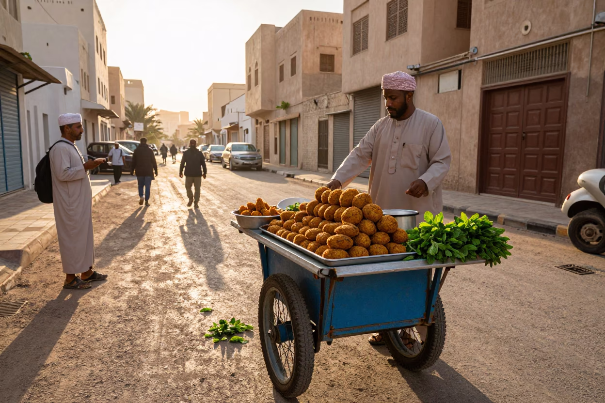 Late Afternoon Street Scene in Muscat Oman with Falafel and Mint Leaves in in Muscat, Oman