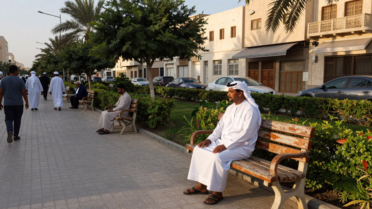 Late Afternoon Street Scene in Muscat Oman with Garden Benches and Dust in in Muscat, Oman