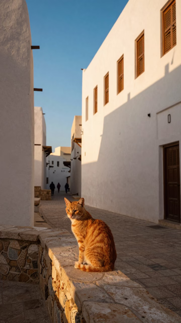 Late Afternoon Street Scene in Muscat Oman with Ginger Cat and Blue Porcelain Jar in in Muscat, Oman