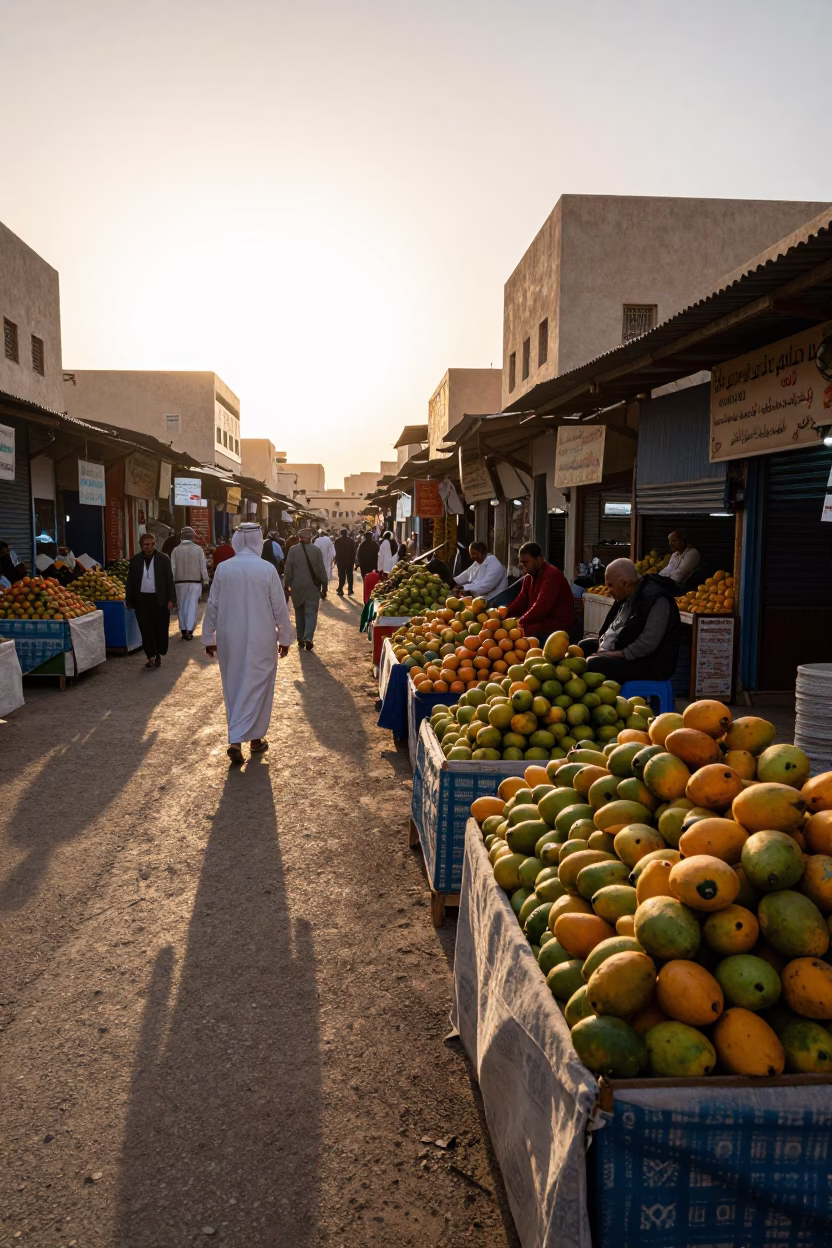 Late Afternoon Street Scene in Muscat Oman with Mangoes and Local Interaction in in Muscat, Oman