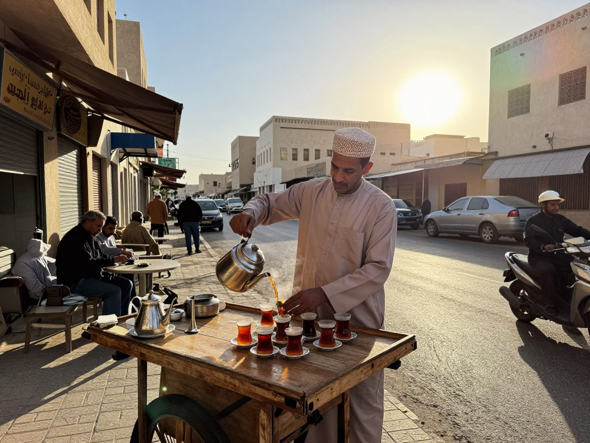 Late Afternoon Street Scene in Muscat Oman with Traditional Tea Service in in Muscat, Oman