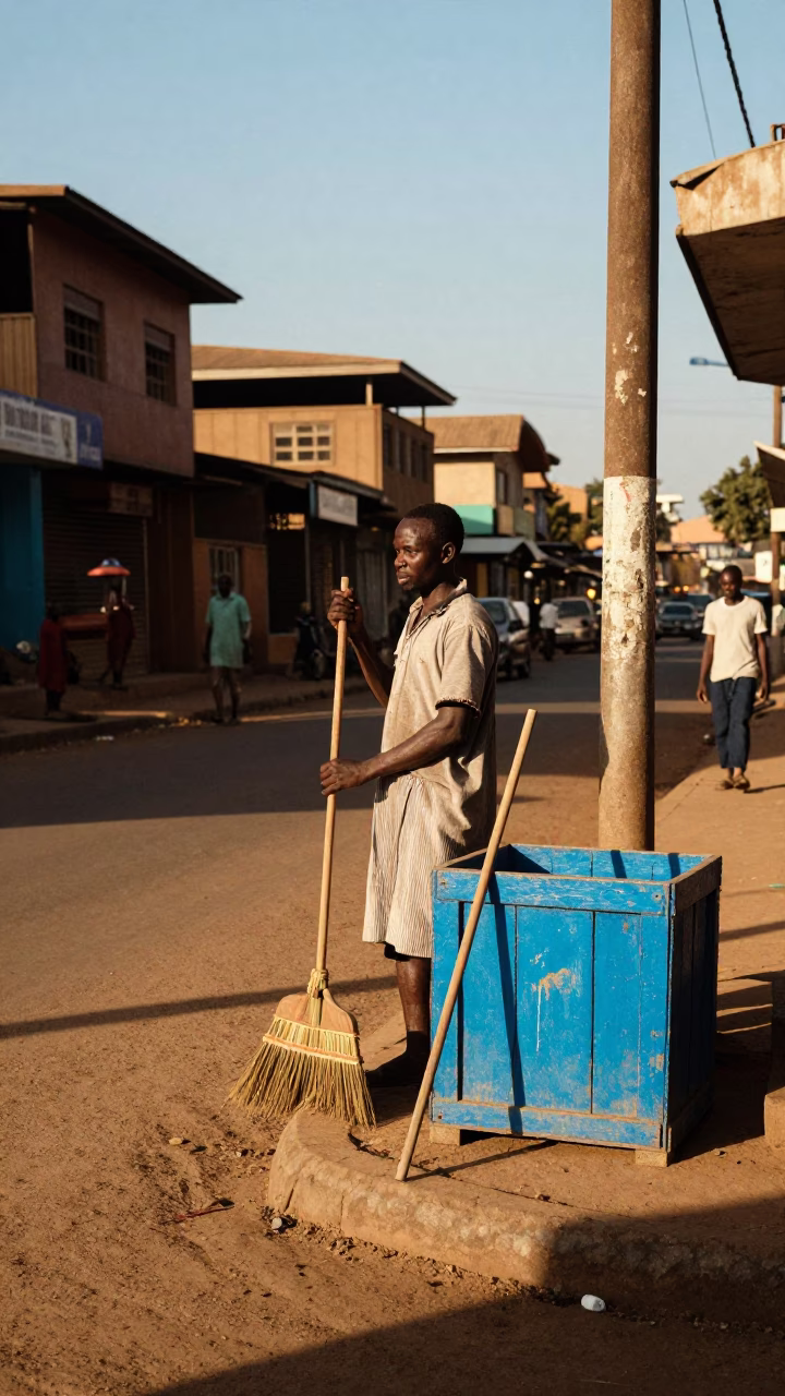 Late Afternoon Street Scene in Nairobi Kenya with Hand Broom and Painted Crate in in Nairobi, Kenya