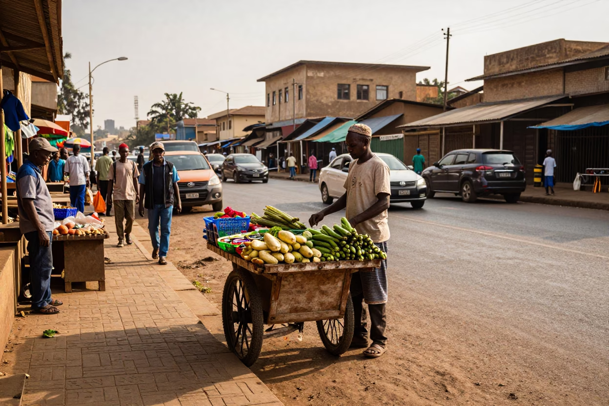 Late Afternoon Street Scene in Nairobi Kenya with Local Market Vendor and Pedestrians in in Nairobi, Kenya