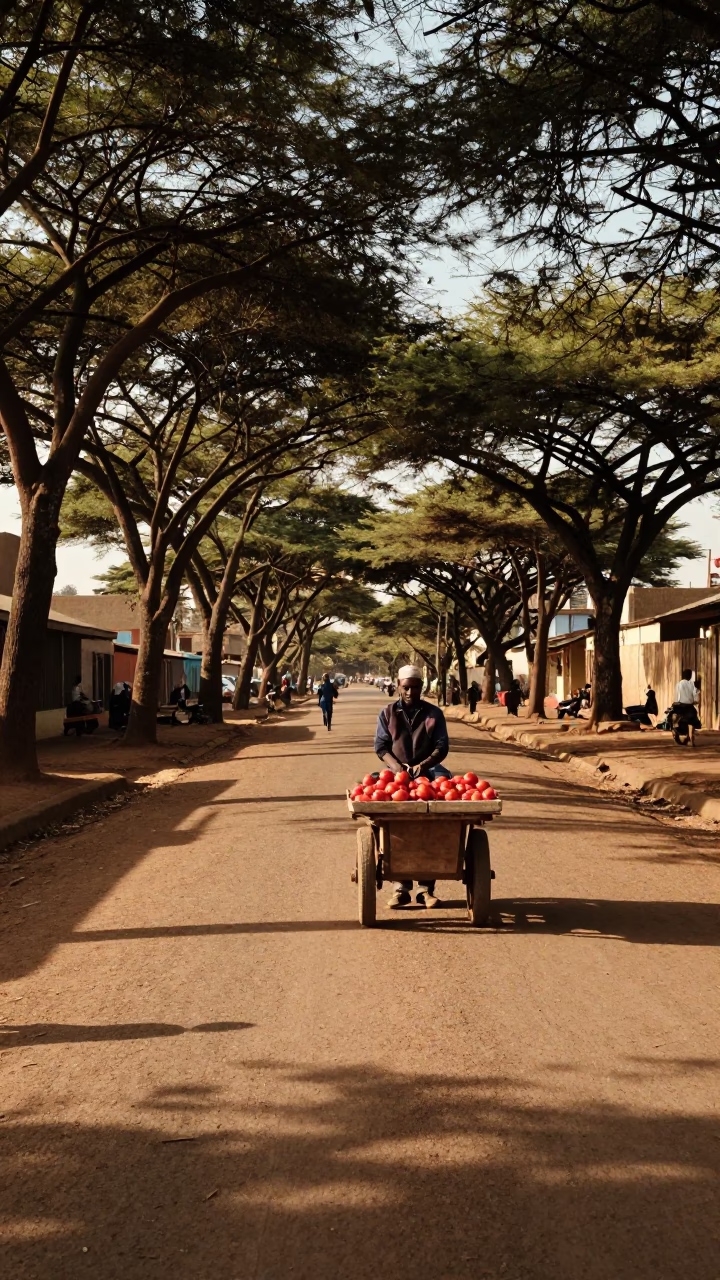 Late Afternoon Street Scene in Nairobi Kenya with Local Vendor and Walking Jagdterrier in in Nairobi, Kenya