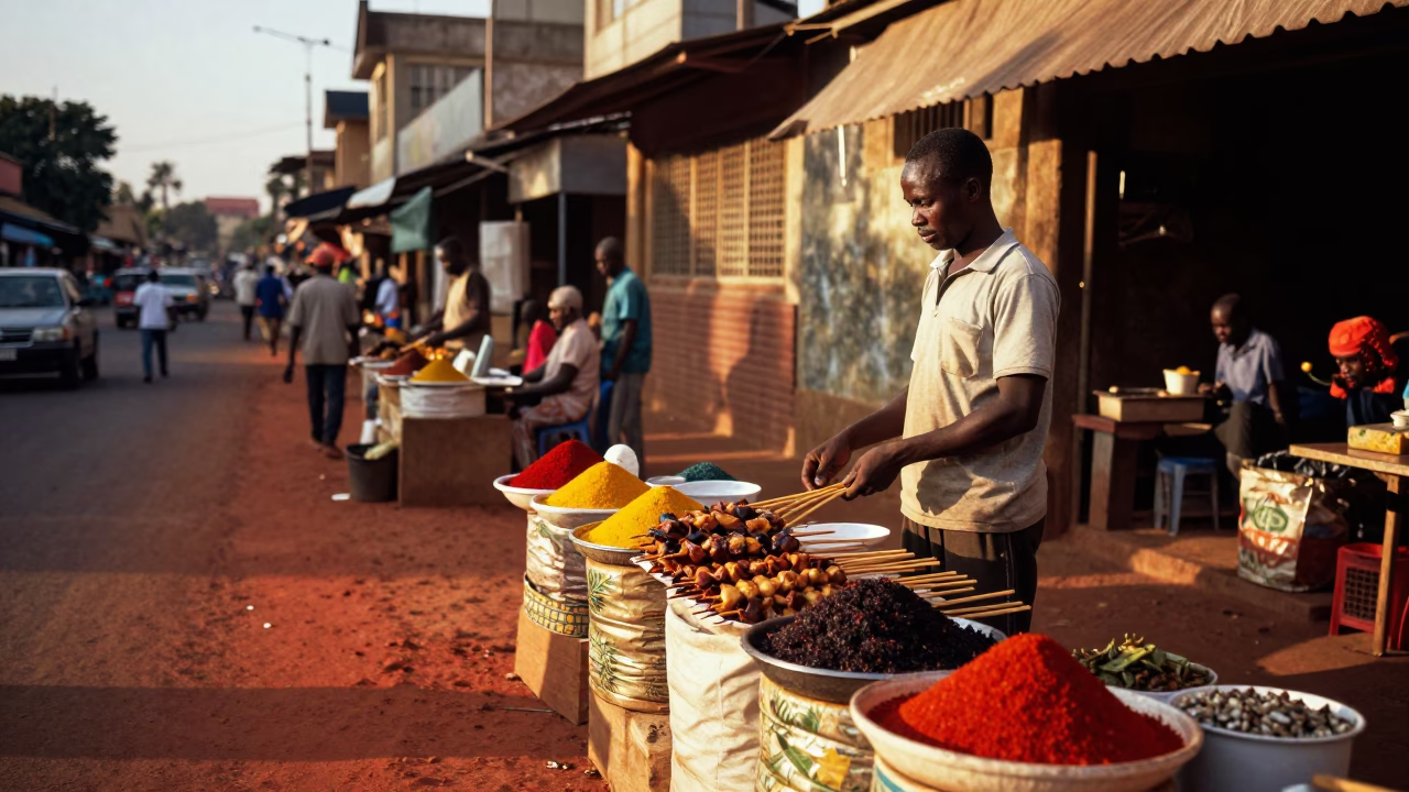 Late Afternoon Street Scene in Nairobi Kenya with Suya Skewers and Construction in in Nairobi, Kenya