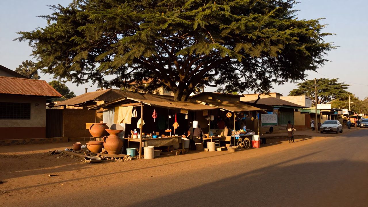 Late Afternoon Street Scene in Nairobi Kenya with Tree and Terracotta Pot in in Nairobi, Kenya