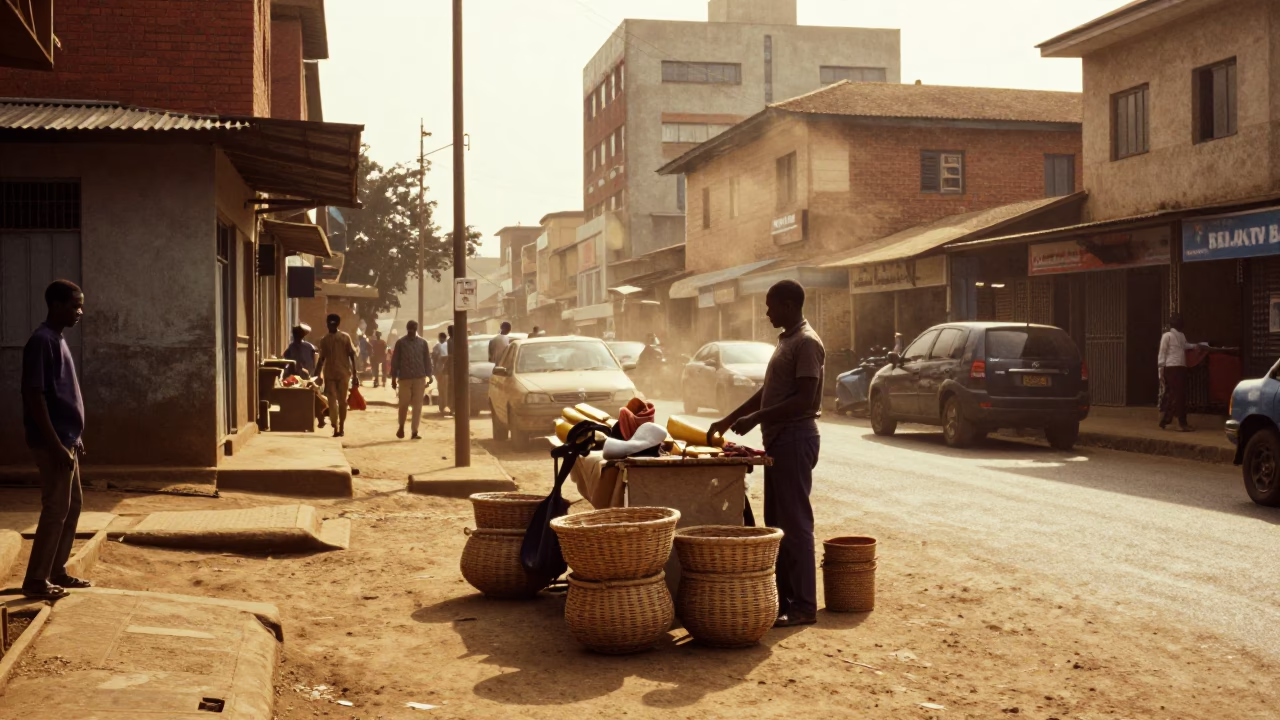 Late Afternoon Street Scene in Nairobi Kenya with Woven Baskets and Nyama Choma in in Nairobi, Kenya
