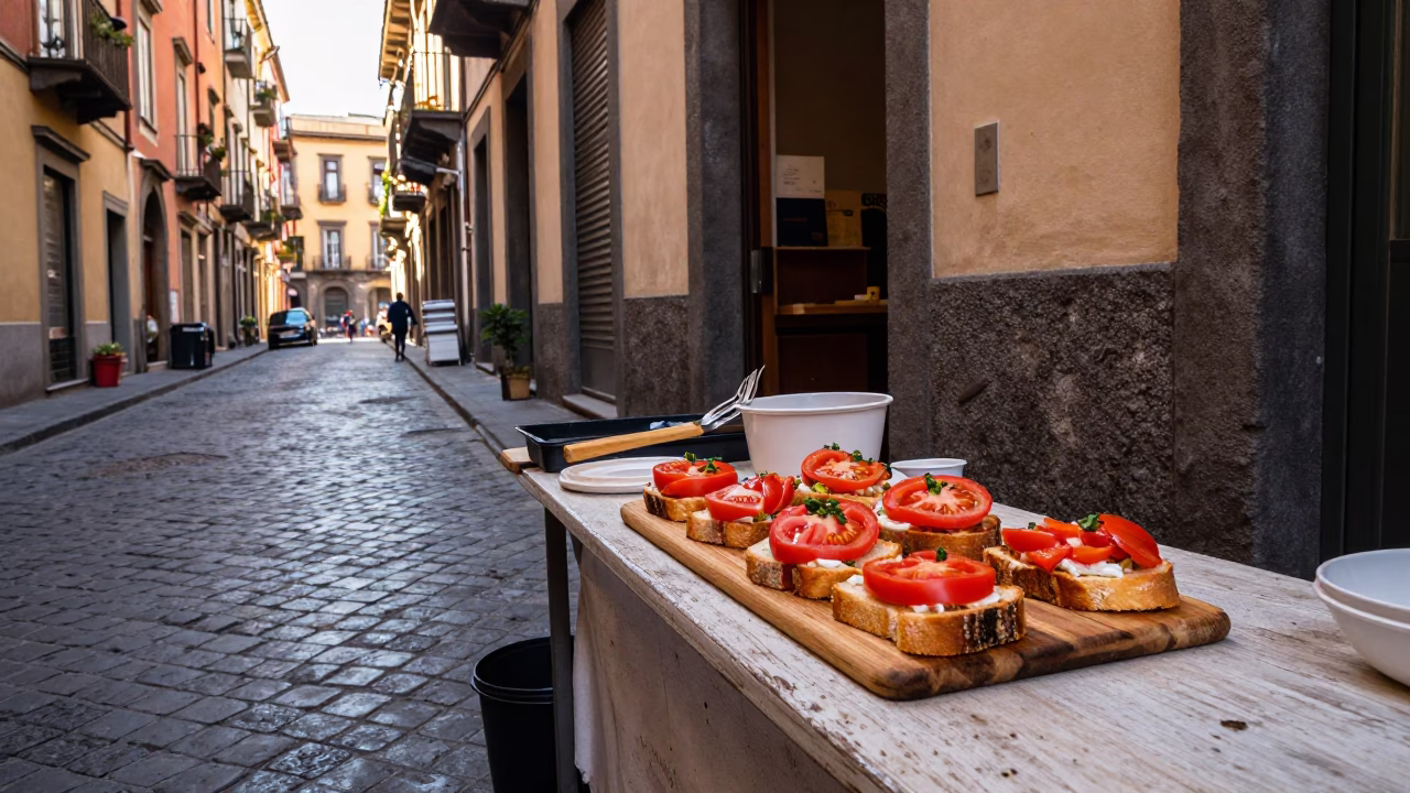 Late Afternoon Street Scene in Naples Italy with Food and Tools in in Naples, Italy
