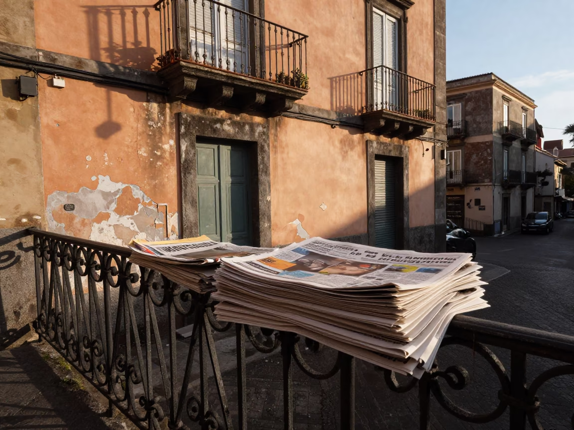 Late Afternoon Street Scene in Naples Italy with Newspaper Stack and Jar on Balcony in in Naples, Italy