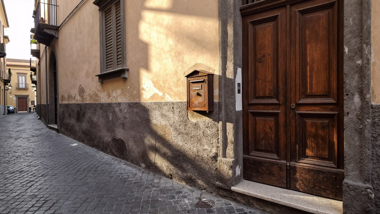 Late Afternoon Street Scene in Naples Italy with Vintage Lockbox and Window Light in in Naples, Italy