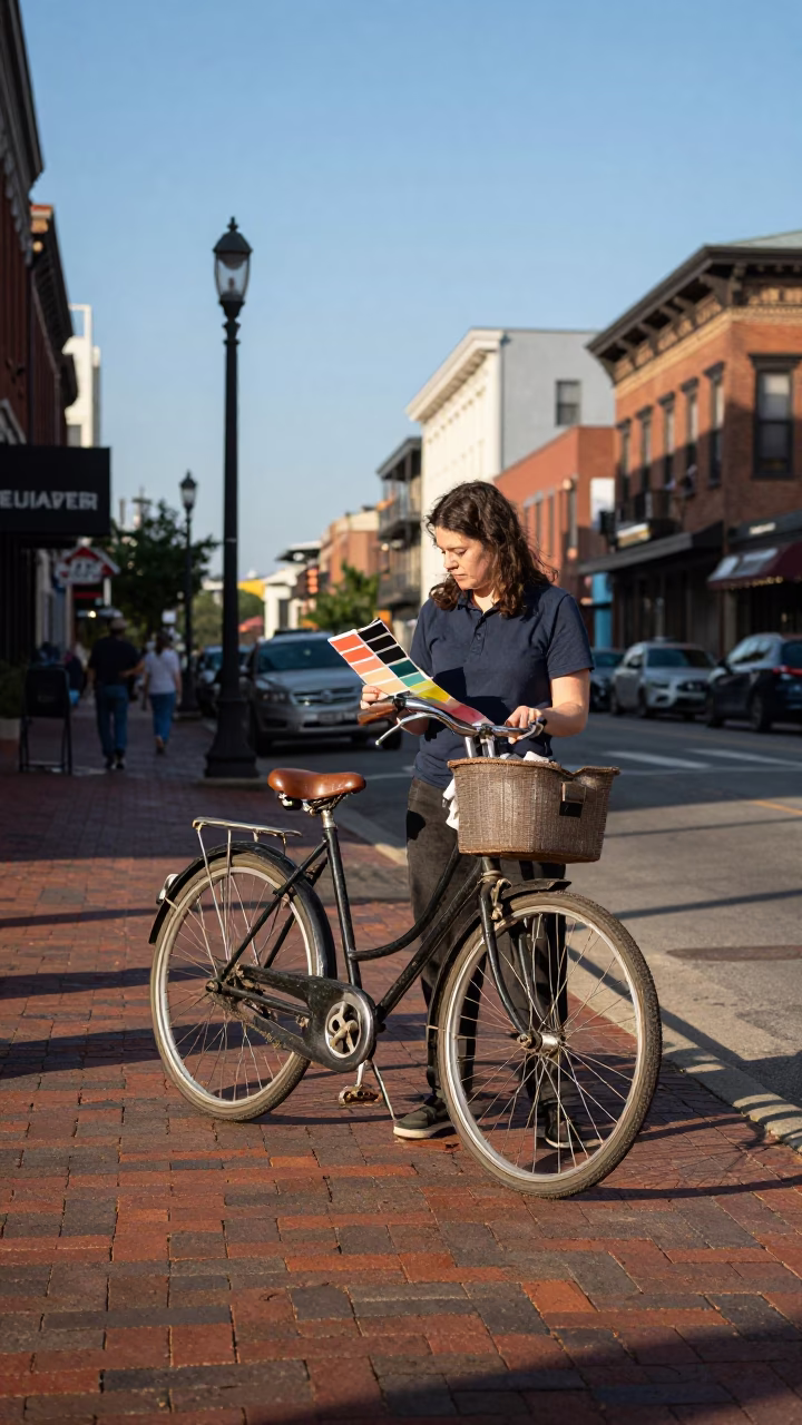 Late Afternoon Street Scene in Nashville Tennessee Featuring Vintage Bicycle and Muralist in in Nashville, Tennessee, United States