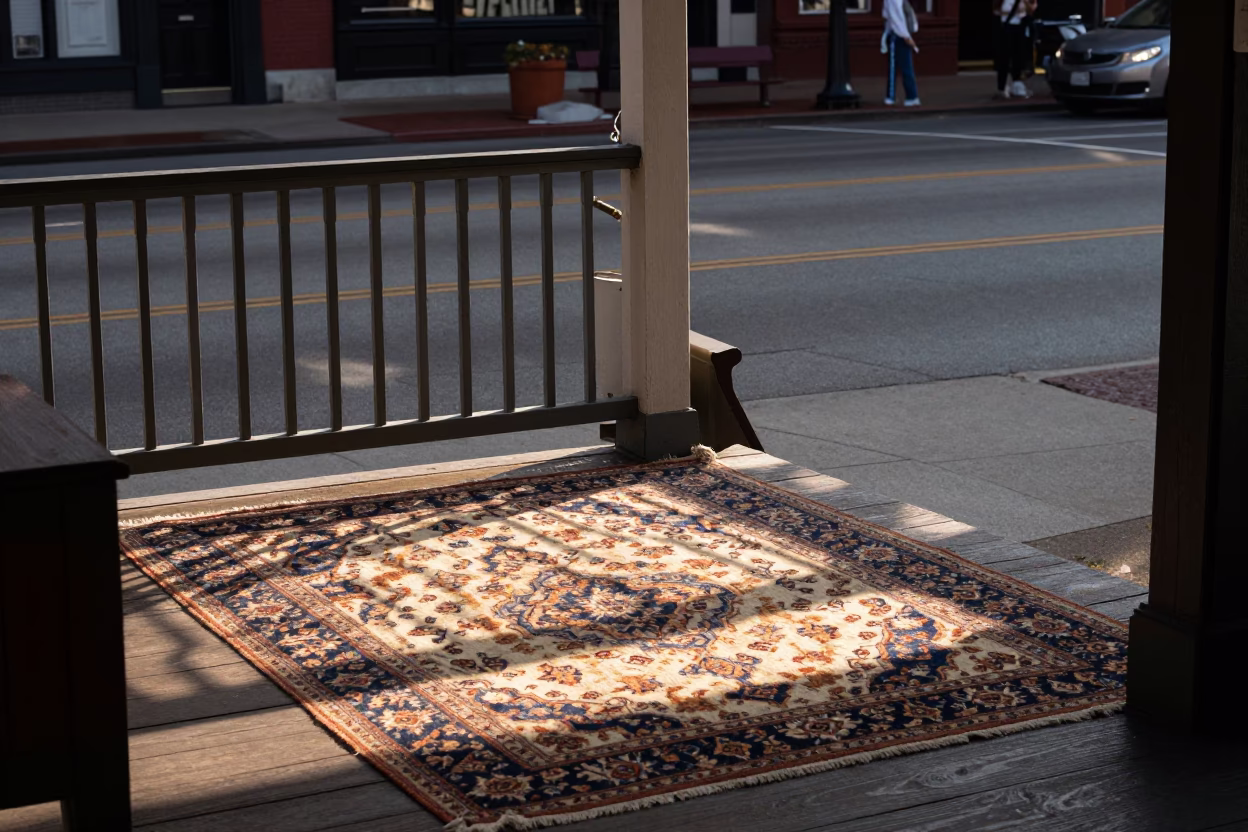 Late Afternoon Street Scene in Nashville Tennessee with Patterned Rug and Pickle Jar in in Nashville, Tennessee, United States