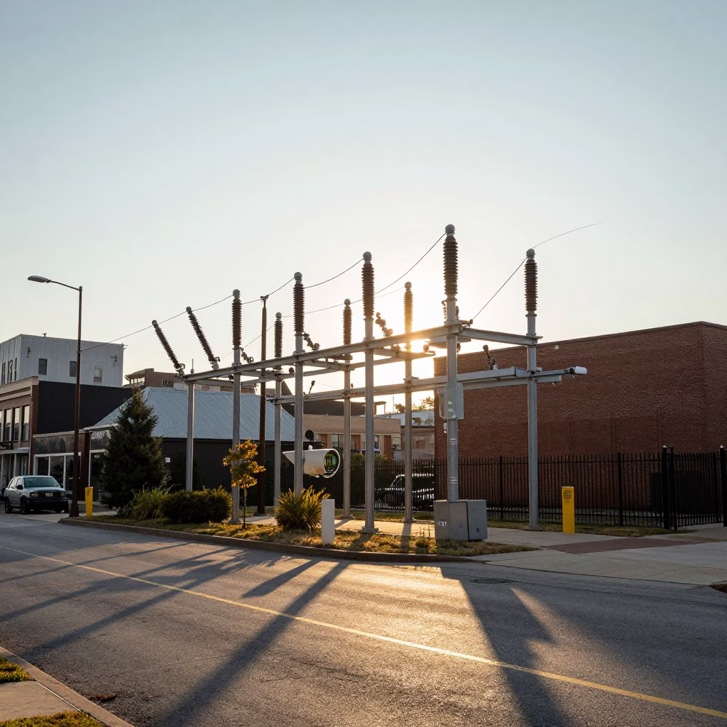 Late Afternoon Street Scene in Nashville Tennessee with Substation Insulators Sparkling Under Floodlights in in Nashville, Tennessee, United States