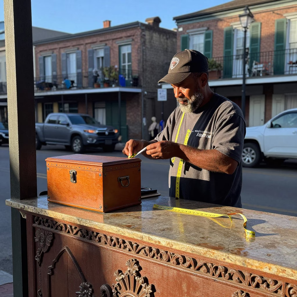 Late Afternoon Street Scene in New Orleans Louisiana With Measuring Tapes And Cash Box in in New Orleans, Louisiana, United States