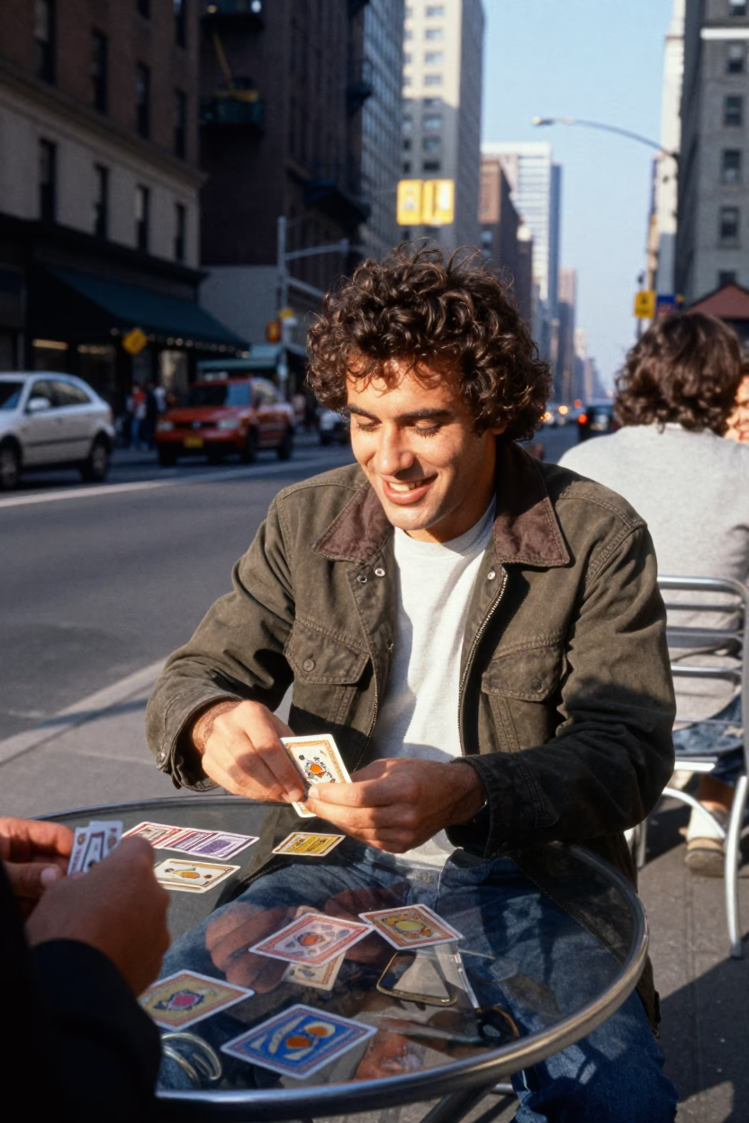 Late Afternoon Street Scene in New York City with Glass Table and Card Deck in in New York, New York, United States