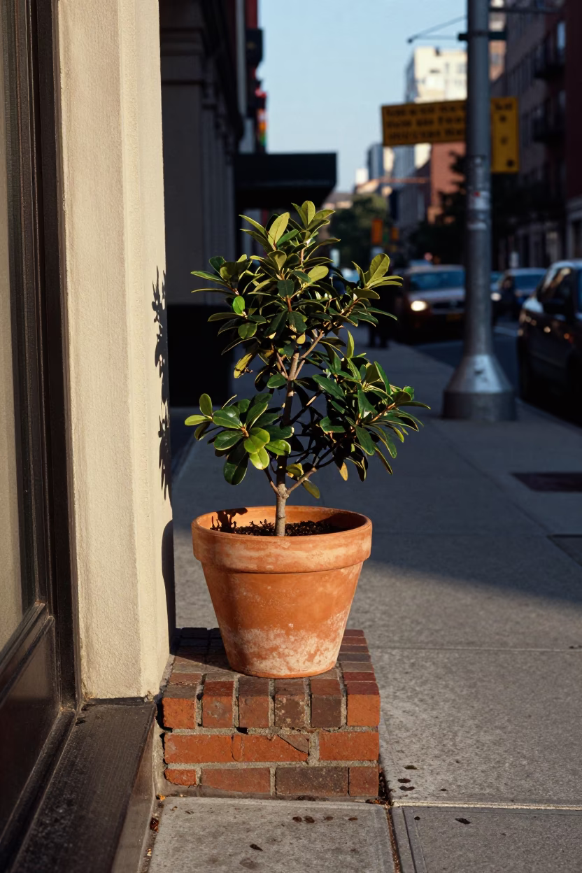 Late Afternoon Street Scene in New York City with Plant Pot and Vine Details in in New York, New York, United States