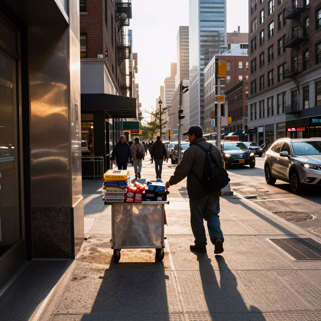 Late Afternoon Street Scene in New York City with Rolling Carts and Urban Details in in New York, New York, United States