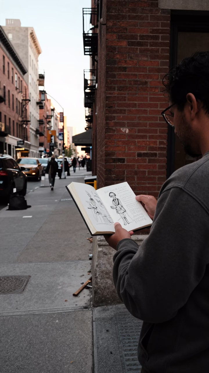 Late Afternoon Street Scene in New York City with Sketchbook and Measuring Cup in in New York, New York, United States