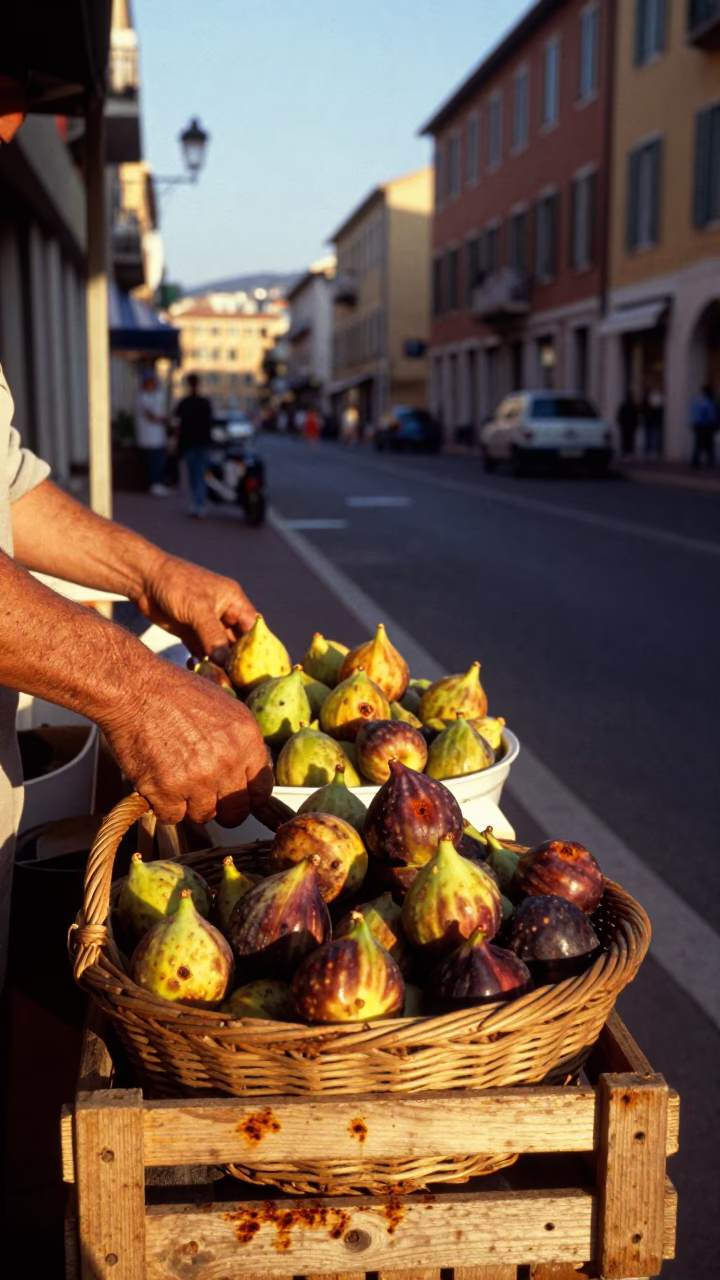 Late Afternoon Street Scene in Nice France with Figs and Rusty Lamp in in Nice, France