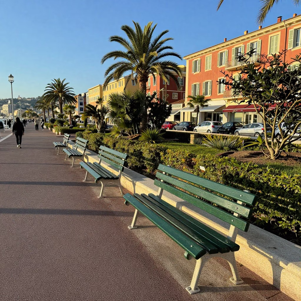 Late Afternoon Street Scene in Nice France with Garden Benches and Summer Haze in in Nice, France