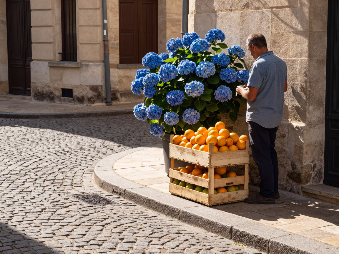 Late Afternoon Street Scene in Nice France with Hydrangeas and Fruit Crate in in Nice, France