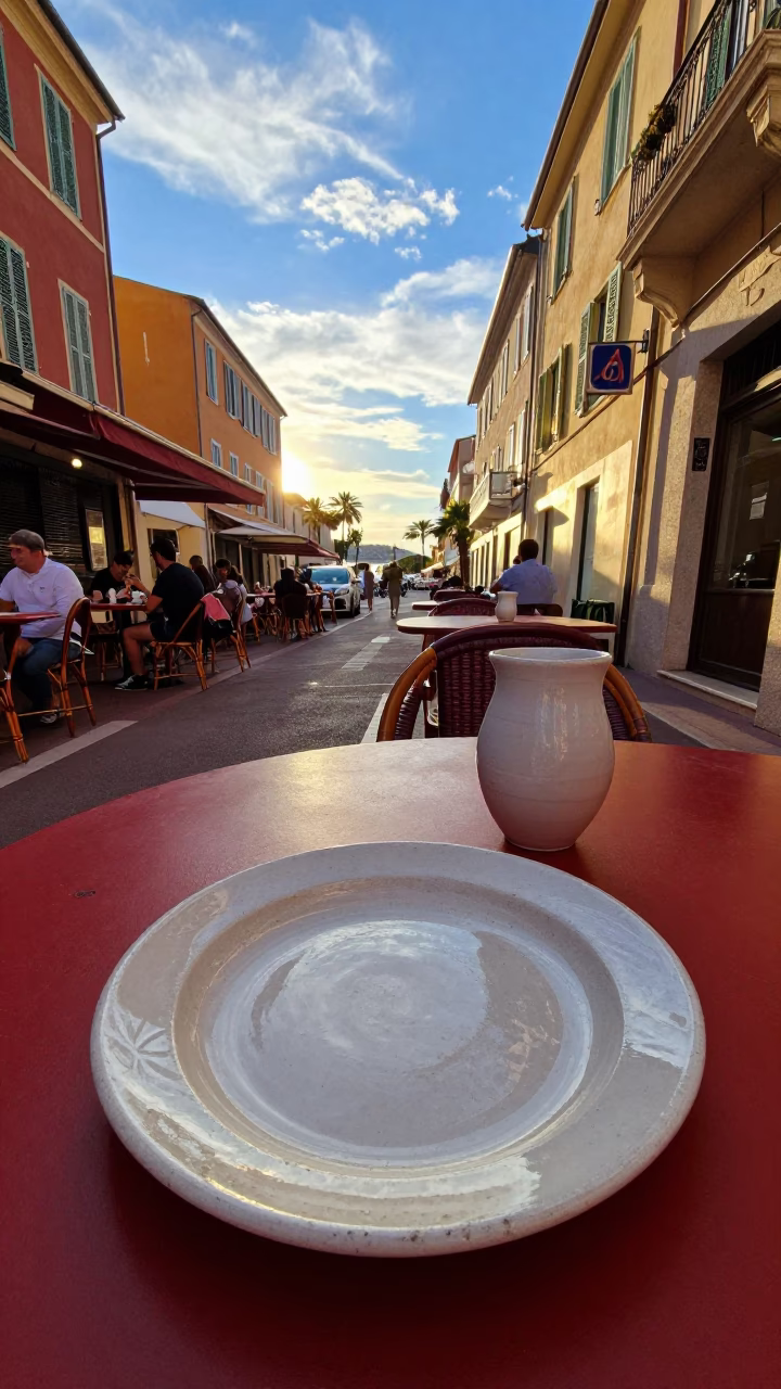 Late Afternoon Street Scene in Nice France with Local Dining and Architectural Details in in Nice, France