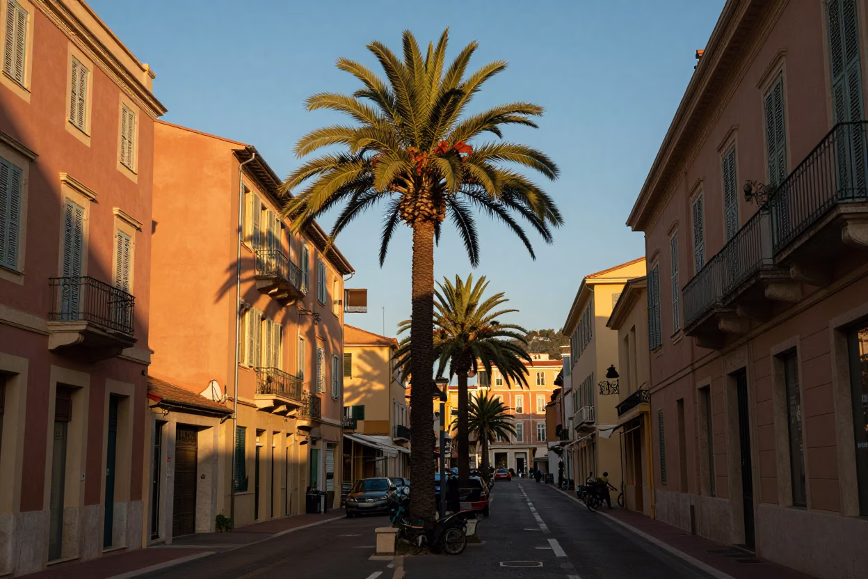 Late Afternoon Street Scene in Nice France with Palm Trees and Coastal Architecture in in Nice, France