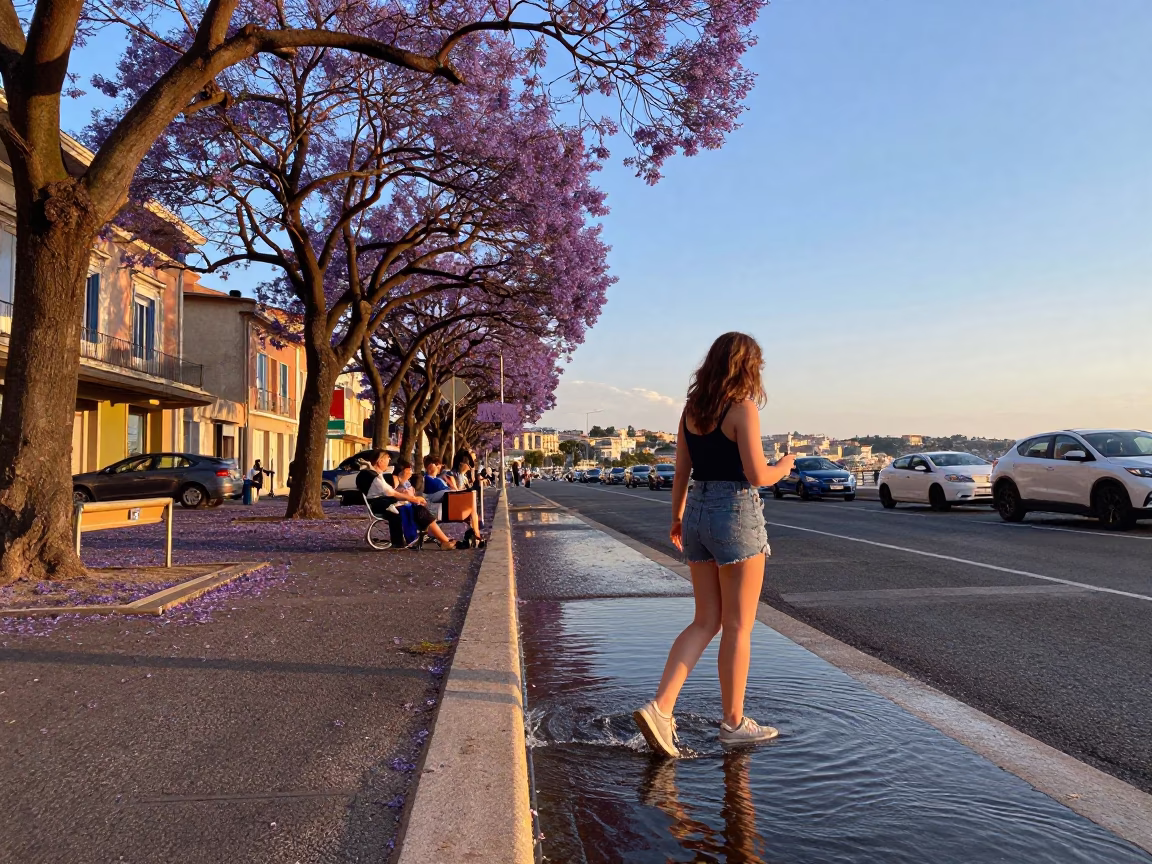 Late Afternoon Street Scene in Nice France with Purple Jacaranda Blooms in in Nice, France