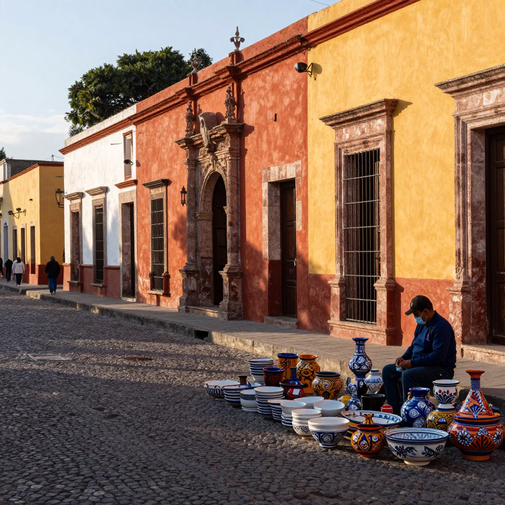 Late Afternoon Street Scene in Oaxaca Mexico with Colorful Pottery and Traditional Market Activity in in Oaxaca, Mexico