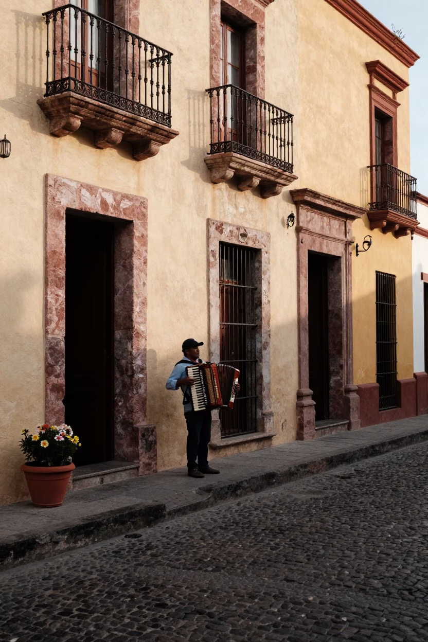 Late Afternoon Street Scene in Oaxaca Mexico with Flowerpot and Accordion in in Oaxaca, Mexico