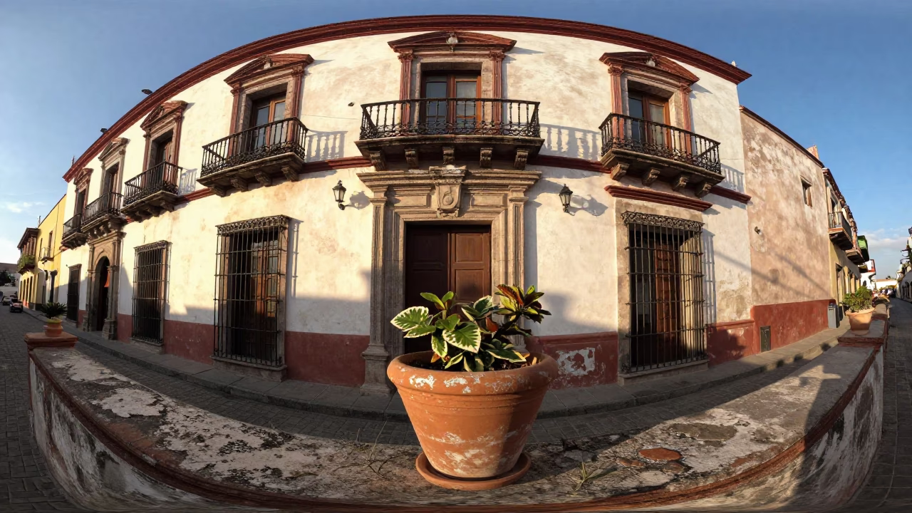 Late Afternoon Street Scene in Oaxaca Mexico with Flowerpot and Chilaquiles in in Oaxaca, Mexico