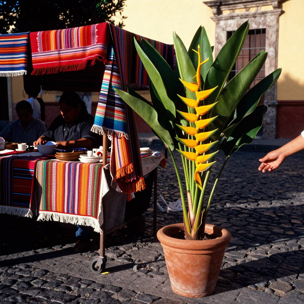 Late Afternoon Street Scene in Oaxaca Mexico with Heliconia and Hand Broom in in Oaxaca, Mexico