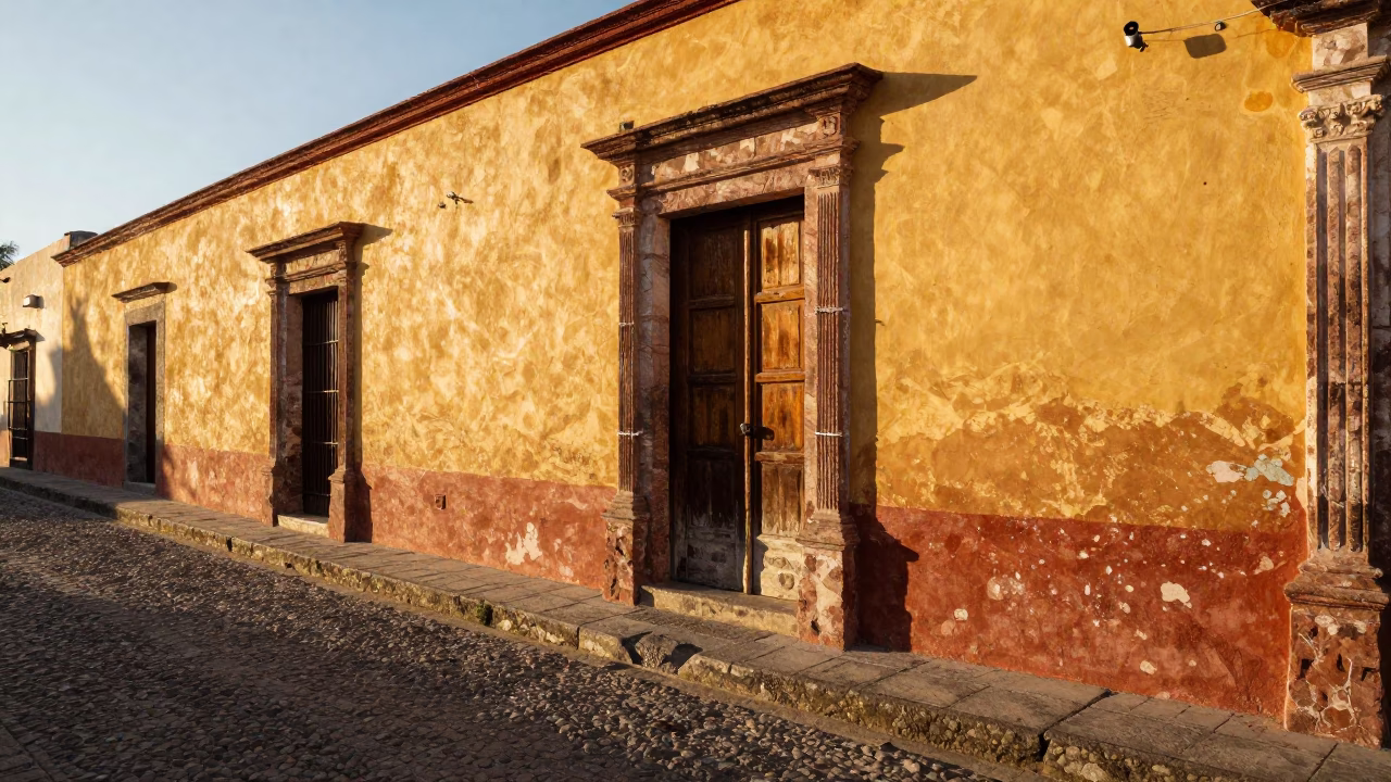 Late Afternoon Street Scene in Oaxaca Mexico with Padlock and Twine Details in in Oaxaca, Mexico