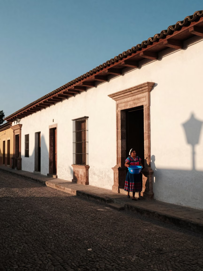 Late Afternoon Street Scene in Oaxaca Mexico with Traditional Architecture and Local Life in in Oaxaca, Mexico