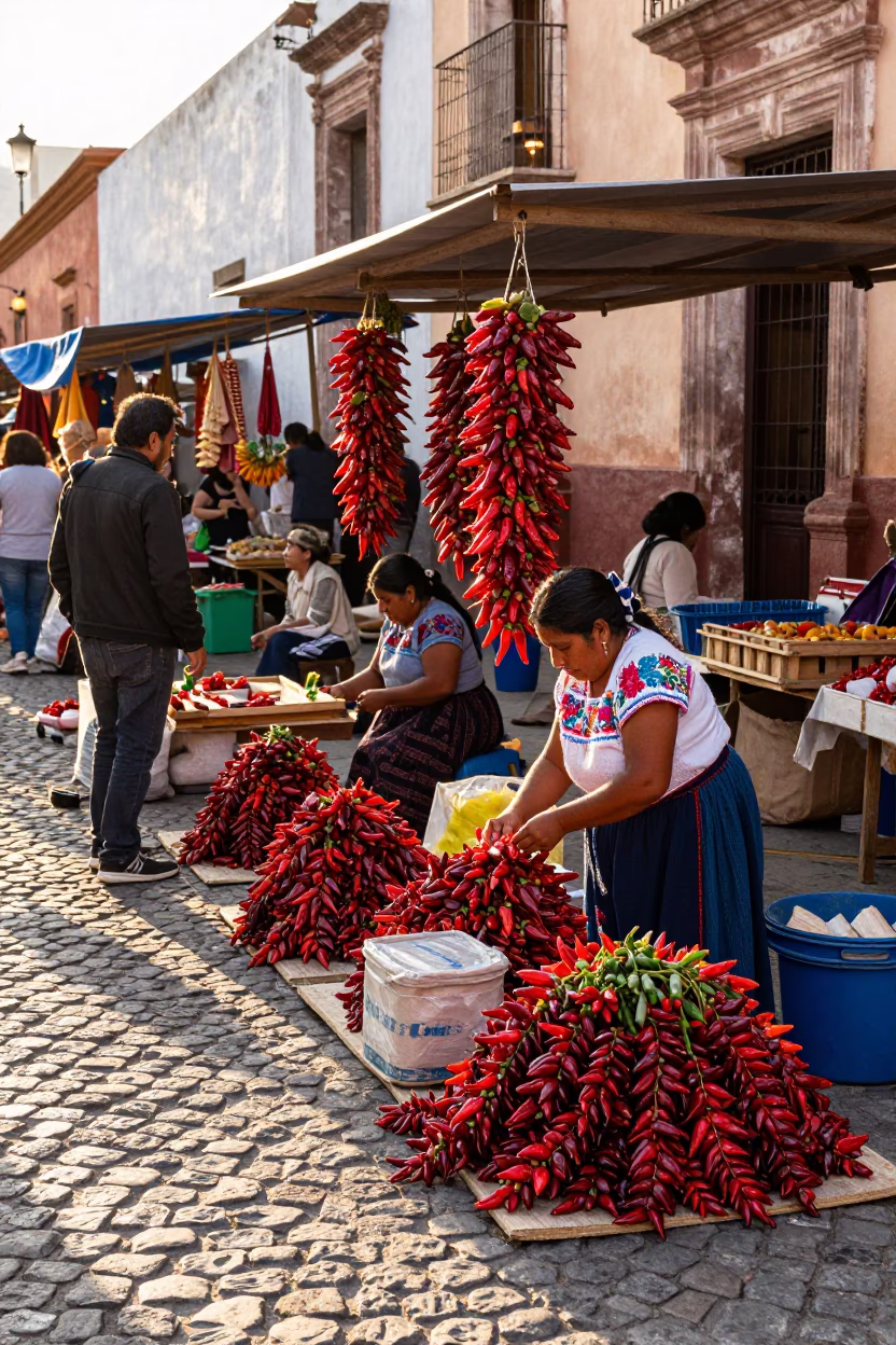 Late Afternoon Street Scene in Oaxaca Mexico with Traditional Market Activity and Colonial Architecture in in Oaxaca, Mexico