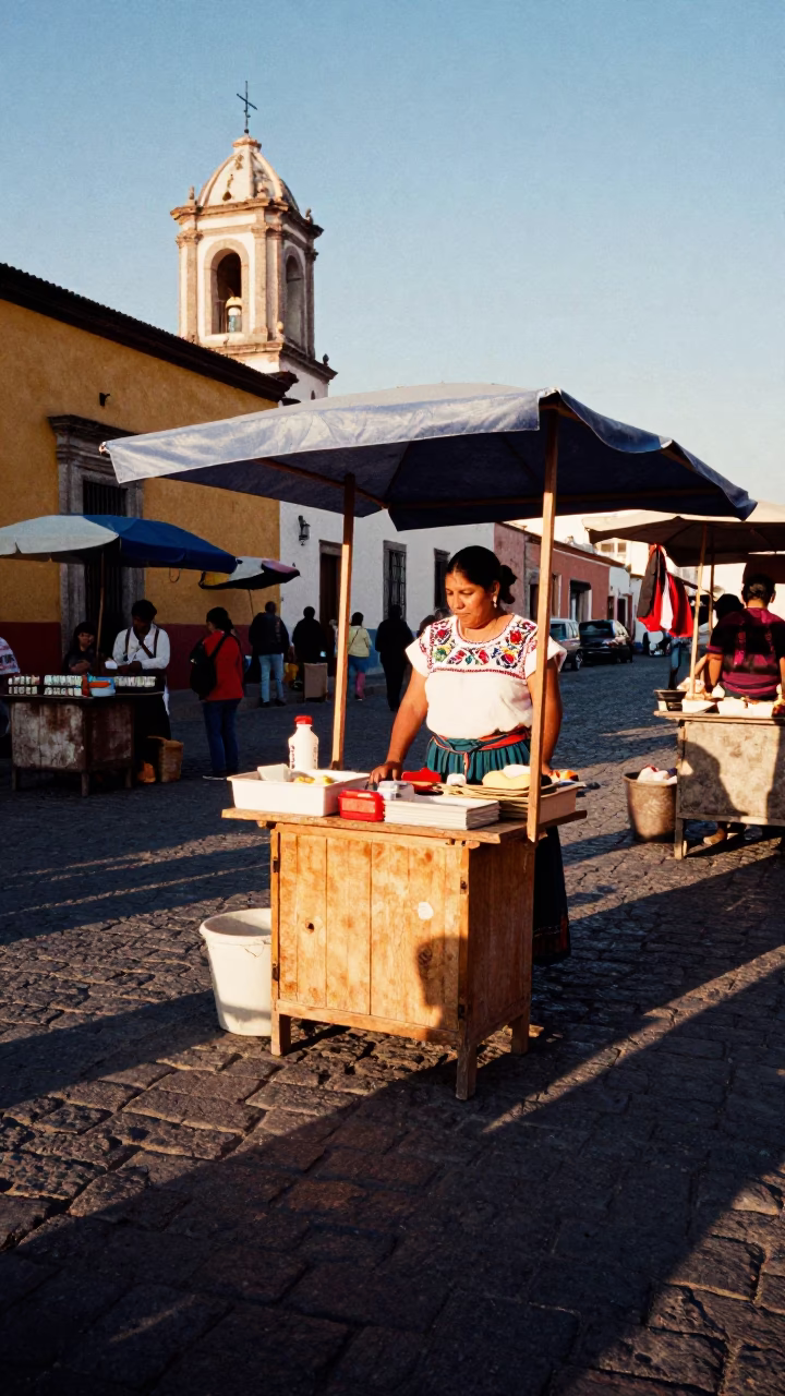 Late Afternoon Street Scene in Oaxaca Mexico with Traditional Market Elements in in Oaxaca, Mexico