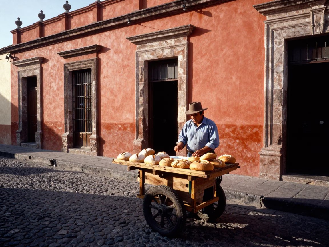 Late Afternoon Street Scene in Oaxaca Mexico with Wooden Bread Board and Glass Carafe in in Oaxaca, Mexico