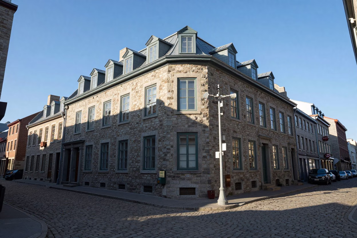 Late Afternoon Street Scene in Old Quebec City with Historic Stone Architecture and Cobblestones in in Quebec City, Quebec, Canada