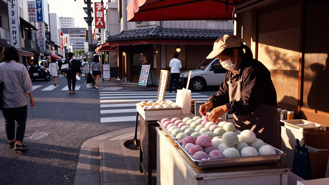 Late afternoon street scene in Osaka Japan with mochi tray and window light in in Osaka, Japan