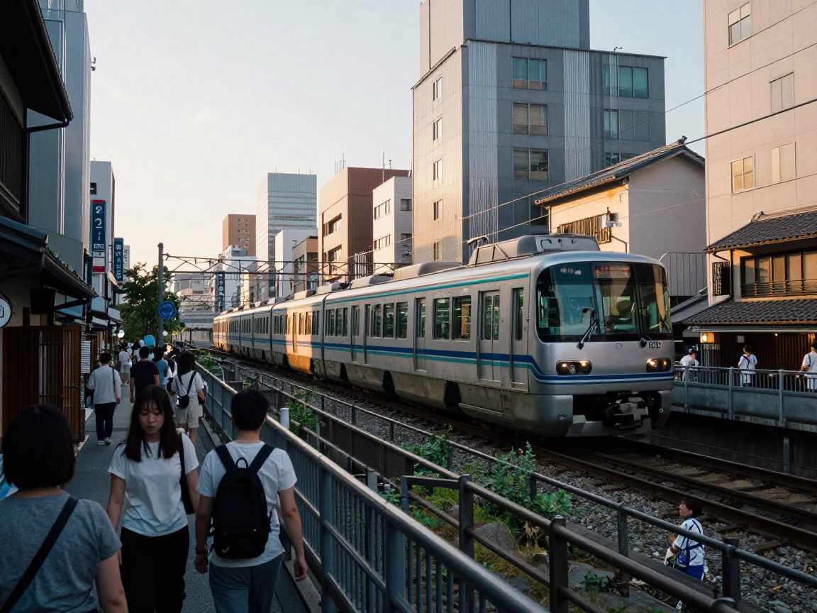 Late Afternoon Street Scene in Osaka Japan with Monorail and Traditional Elements in in Osaka, Japan