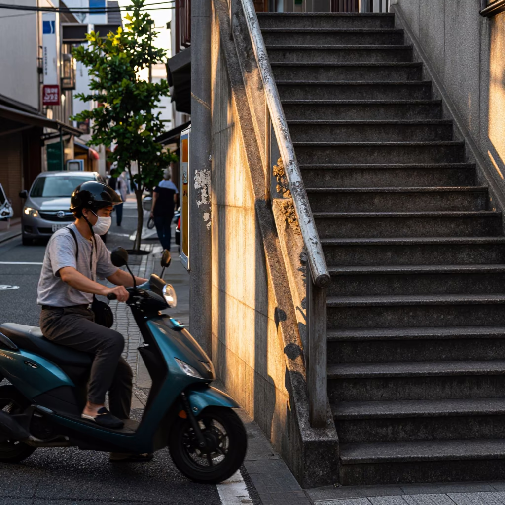 Late Afternoon Street Scene in Osaka Japan with Scooter and Stair Rail in in Osaka, Japan