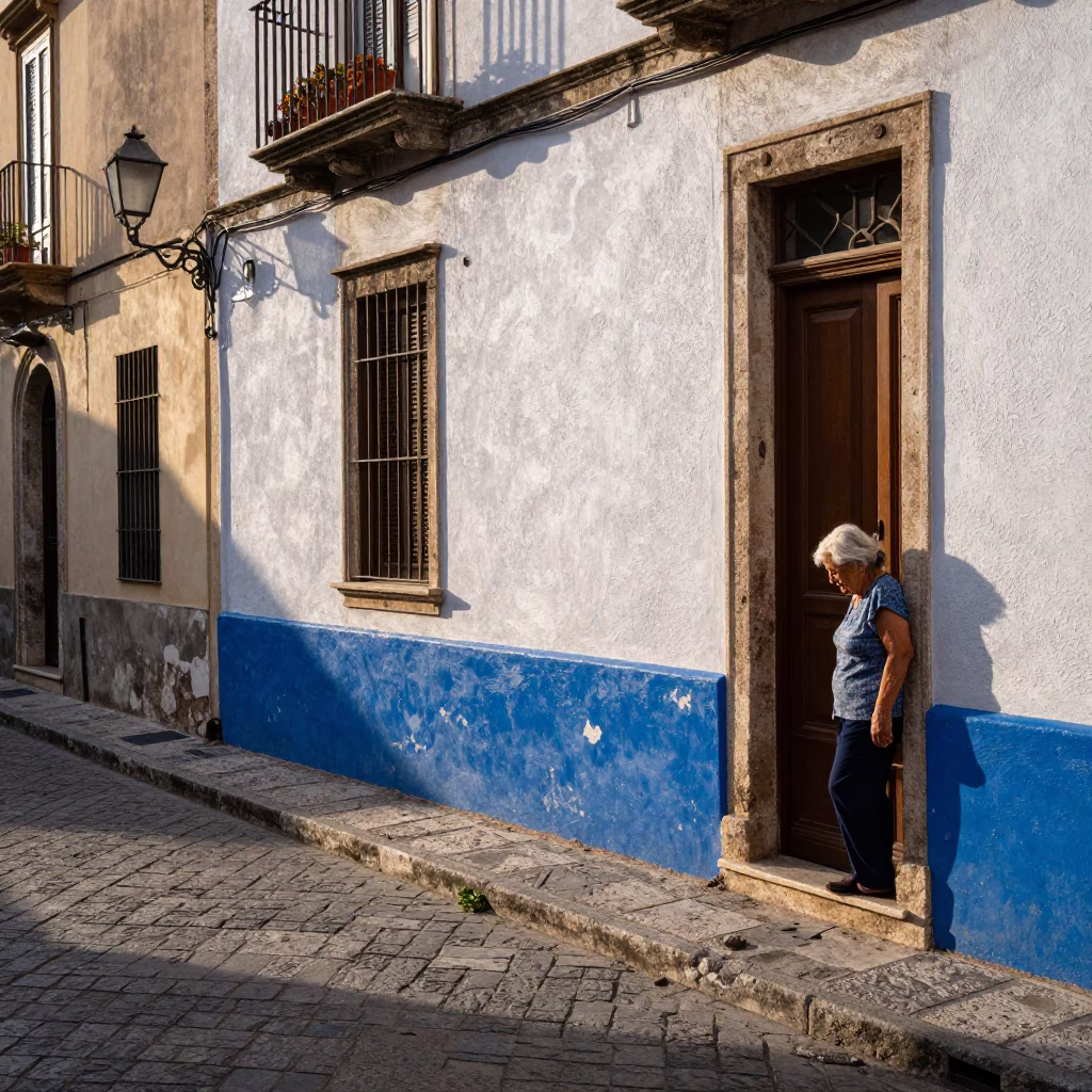Late Afternoon Street Scene in Palermo Italy with Blue and White Porcelain Jar in in Palermo, Italy