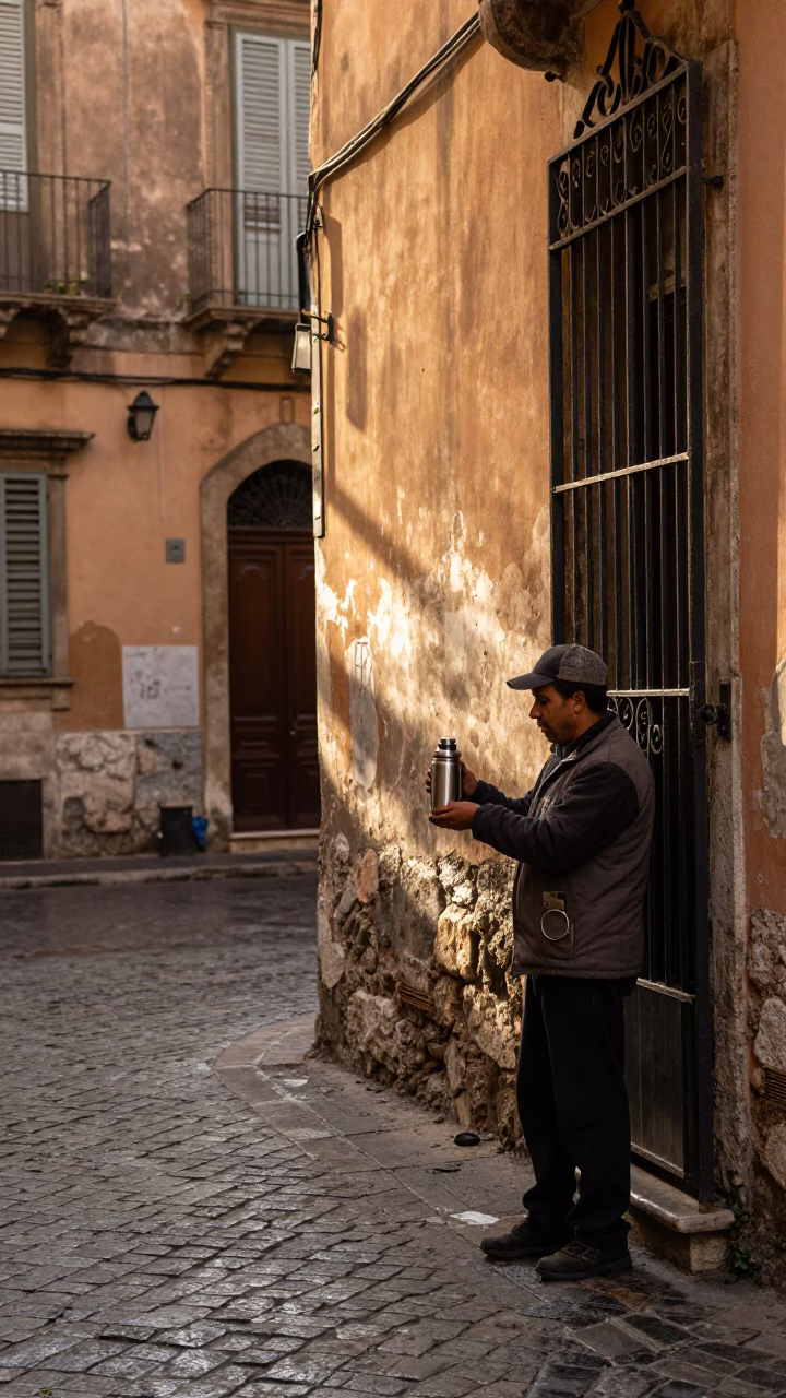 Late Afternoon Street Scene in Palermo Italy with Condensation on a Metal Handle in in Palermo, Italy