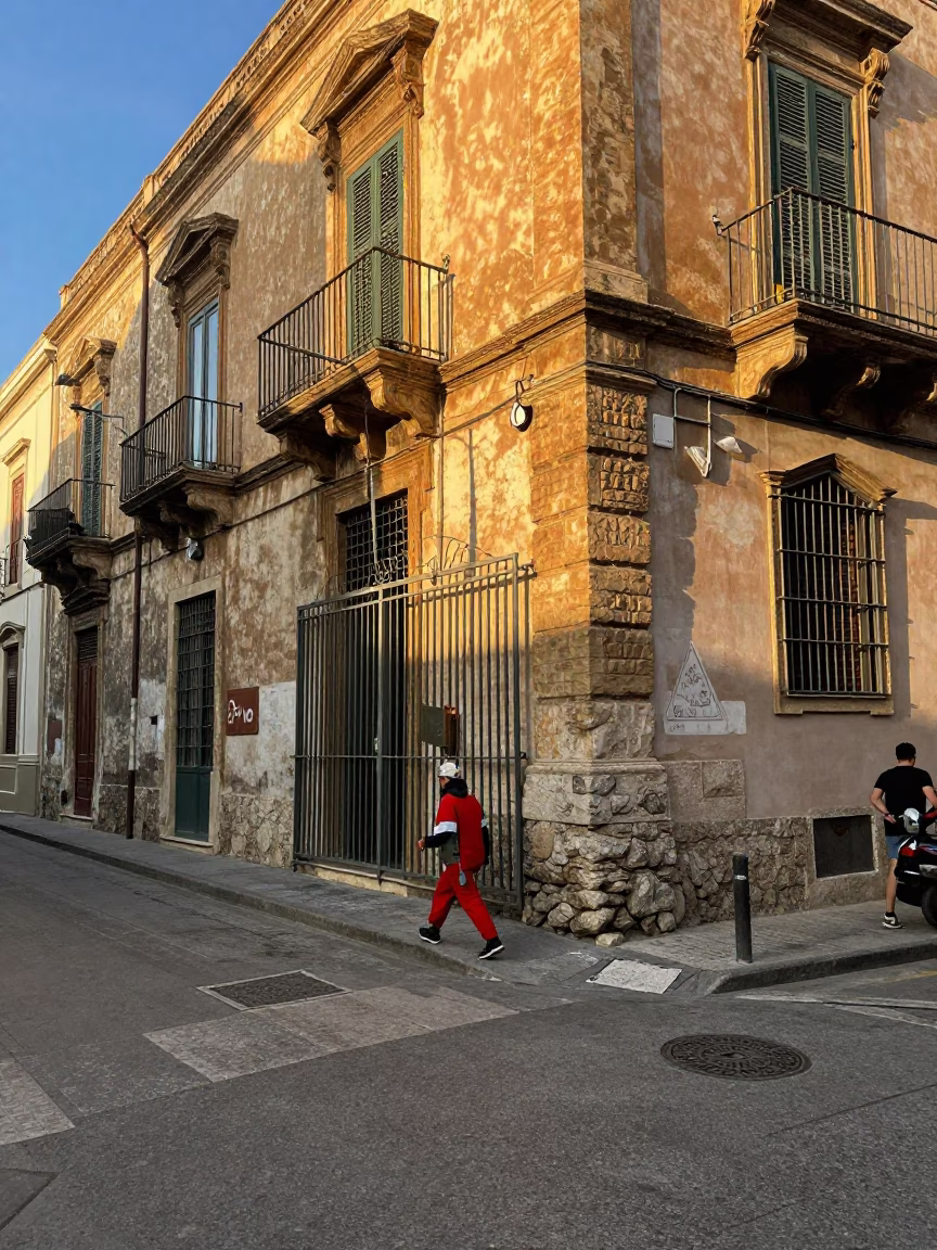 Late Afternoon Street Scene in Palermo Italy with Construction Elevator Gate and Hibiscus Flower in in Palermo, Italy