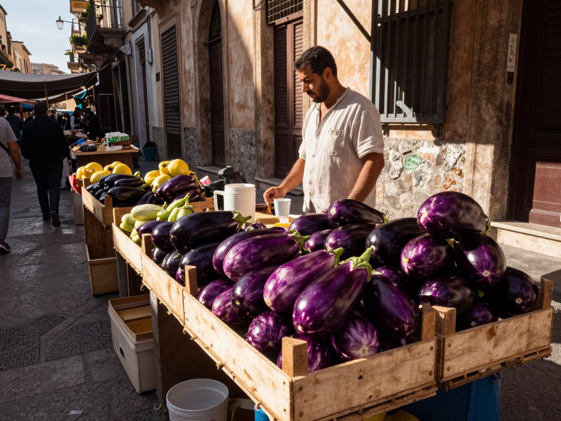 Late Afternoon Street Scene in Palermo Italy with Eggplants and Coffee Mugs in in Palermo, Italy