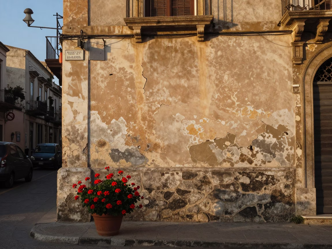 Late Afternoon Street Scene in Palermo Italy with Geraniums and Cracked Stucco in in Palermo, Italy