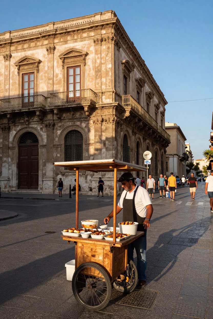 Late Afternoon Street Scene in Palermo Italy with Grilled Halloumi and Mint Plate in in Palermo, Italy